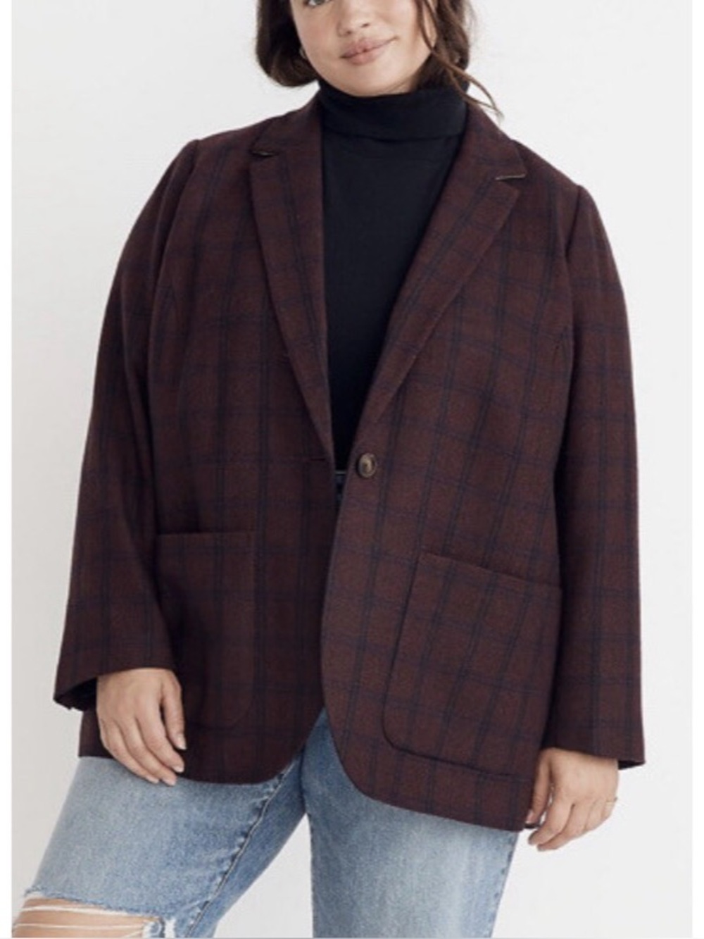 Madewell 4X Larsen Blazer in Spiced Raisin Windowpane Wool Plus Size